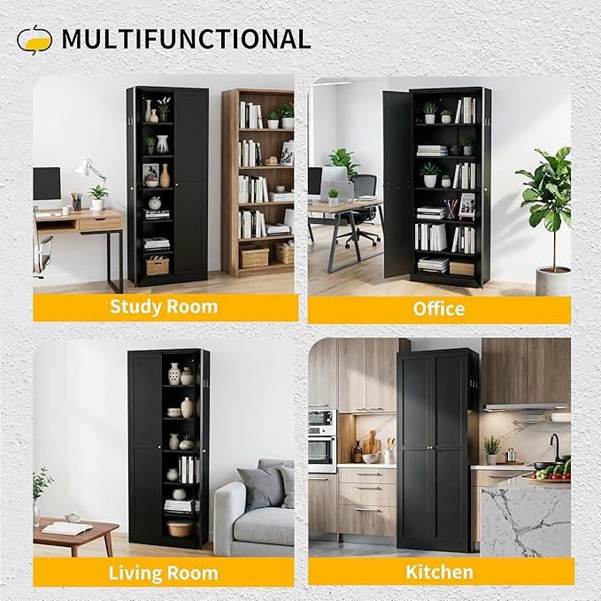 72" Metal Storage Cabinet, Large Capacity Pantry Cabinet with 6-Tier, Kitchen Storage Cabinet with 2 Doors and 5 Adjustable Shelves for Home, Kitchen, Dining, Living Room (Black)