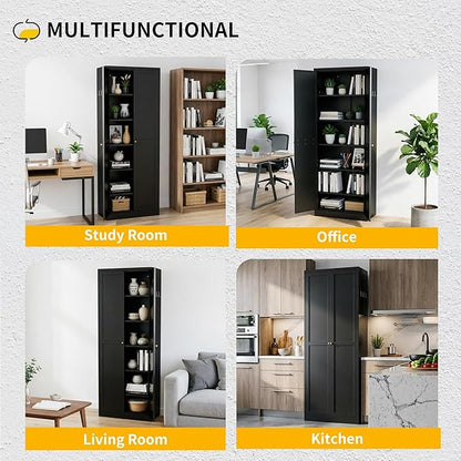 72" Metal Storage Cabinet, Large Capacity Pantry Cabinet with 6-Tier, Kitchen Storage Cabinet with 2 Doors and 5 Adjustable Shelves for Home, Kitchen, Dining, Living Room (Black)