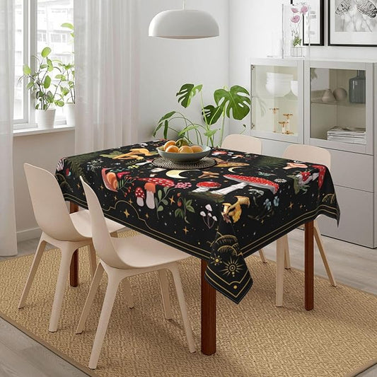Mushroom Tablecloth Washable Waterproof Moth Gothic Witchy Table Cover for Kitchen Dining Room Picnic Party BBQ Wedding, Rectangle 54x72 Inch Black Table Cloth