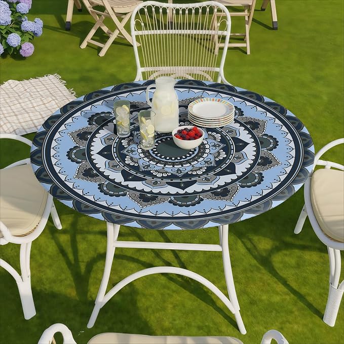 opstellen Fitted Round Tablecloth Waterproof Table Cloth Vinyl Indoor Outdoor Circle Cover for 36-44" Tables Dining Kitchen Apartment Home Party Gear Gifts Summer Fall Patio Picnic Camping Essentials