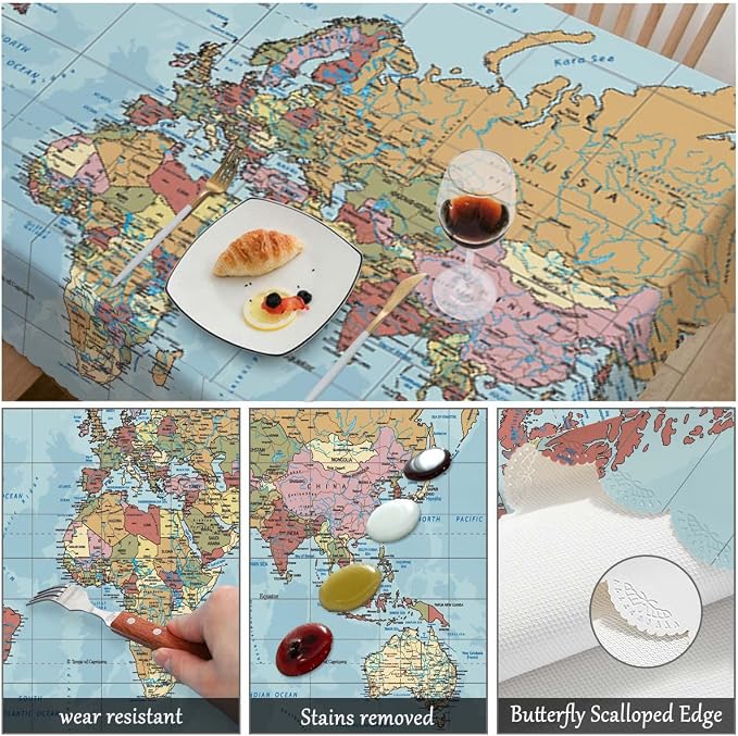 Swono World Map Rectangle Tablecloth Vintage Global Political Map Table Cloth Dining Table Cover for Home Kitchen Restaurant Party Buffet Picnic, 52x70 Inch, Blue