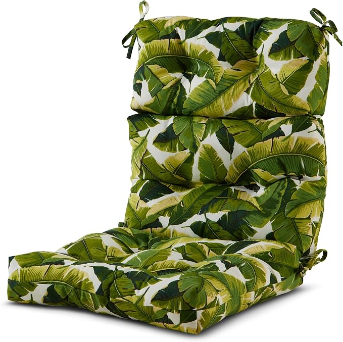 Outdoor Tufted High-Back Chair Cushions, One-Piece Hinged Seat and Back Design, Reversible with 4 Ties, Durable Polyester Fabric, Recycled Fiber Fill - Single, Palm Leaves White