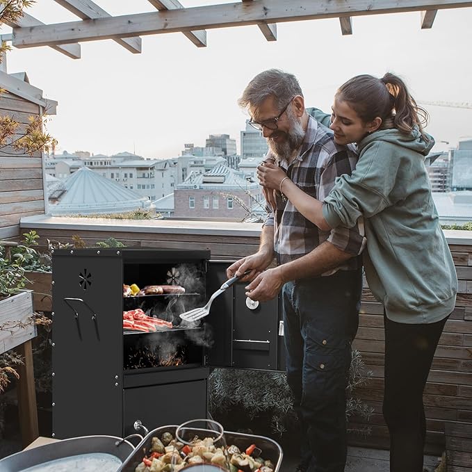 Portable Grill Cooker, BBQ Smoker Grill, Outdoor Smoker Cabinet with Double Doors, Detachable Grill Netting Smoking Racks, Charcoal Pan & Water Pan, Charcoal Smoker for Barbecue Camping Backyard Grill
