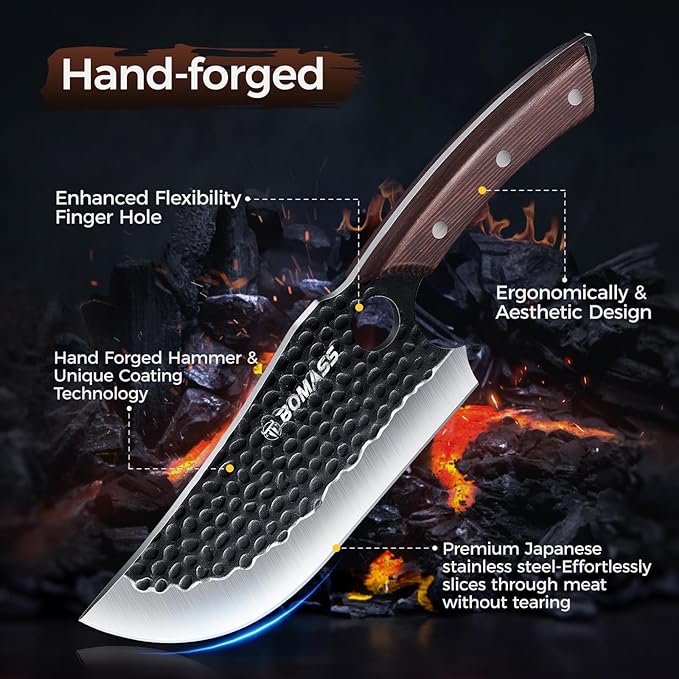 Meat Cleaver Butcher Knife Set, Hand Forged Japanese Knives Set of 3, High Carbon Kitchen Knife & Serbian Chef Knife & Boning Kni fe for Meat Cutting, Outdoor Cooking BBQ Camping Gift for Men