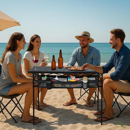 Nice C Portable Aluminum Roll-Up Top Folding Camping Table (Black) | Lightweight Collapsible Table, Mesh Net, Cup Holder, Steel Frame, Carry Bag, Outdoor, Indoor, Sports, Picnic, BBQ