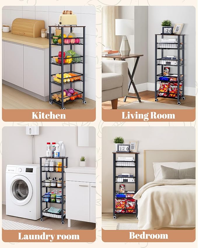 Mythinglogic 5-Tier Rolling Fruit Vegetable Storage Cart with Pull-Out Baskets, Metal Kitchen Organizer, Heavy Duty Utility Rack with Wheels for Pantry, Living Room, Kitchen