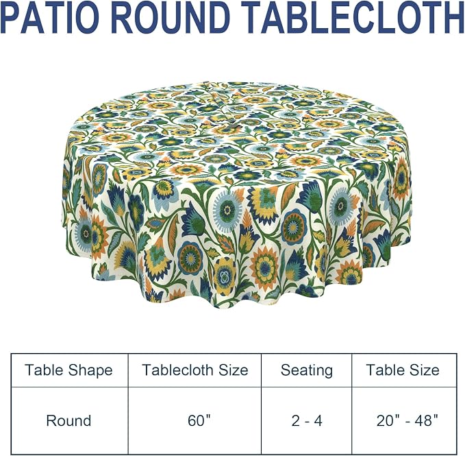 Outdoor/Indoor Round Tablecloth with Umbrella Hole Zipper, Decorative Circular Table Cover for Home Garden, 60 Inch, Fiesta Floral