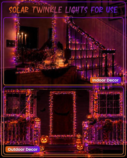 Solar Halloween String Lights Outdoor, 2 Pack 80 FT 200 LED Fairy Lights | Purple and Orange, 8 Modes, Auto On/Off, Waterproof Copper Wire Twinkle Lights for Garden Tree Patio Halloween Decorations