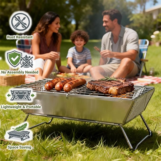 Charmline 16x9 inches Small Portable Charcoal Grill, Foldable Portable Grill, Tabletop Charcoal Grills for Camping, Picnics, Gardens and Beach Parties