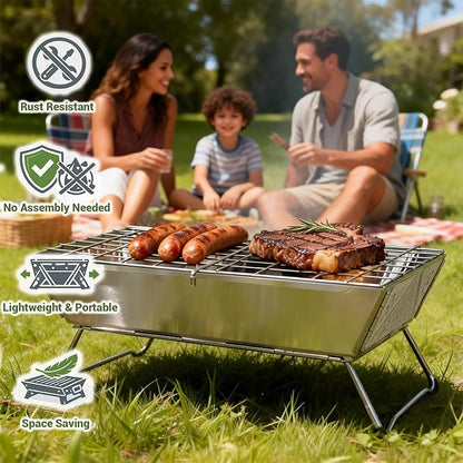 Charmline 16x9 inches Small Portable Charcoal Grill, Foldable Portable Grill, Tabletop Charcoal Grills for Camping, Picnics, Gardens and Beach Parties