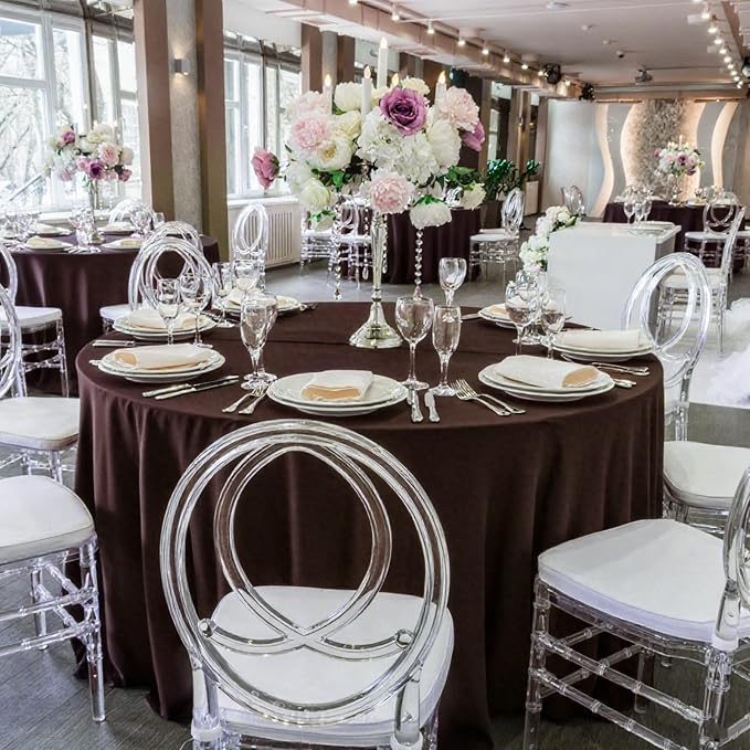 8 Pack Brown Round Tablecloth 120 Inch | For 4Ft-7Ft Round Table, Wrinkle Resistant Table Cloth, Washable Polyester Fabric, For Wedding Party Banquet Buffet Camping