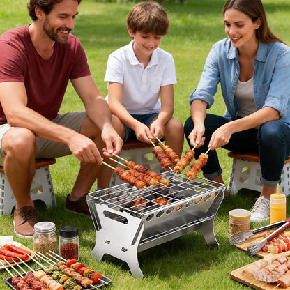 Portable Charcoal Grill, 17" All-Stainless Steel Detachable BBQ Grill, Small Charcoal Stove with Perforated Bottom Vents & Ash Tray, Disassembled Camping Grill