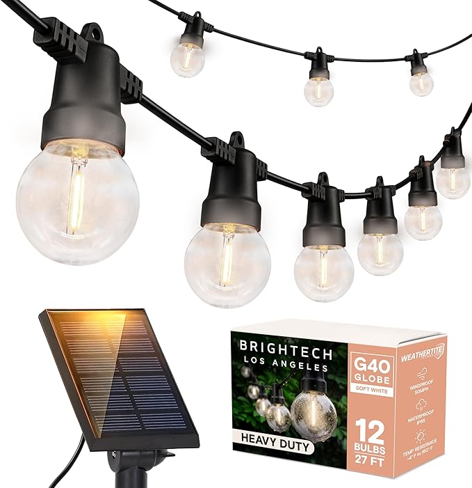 Brightech Ambience Pro Solar Powered Outdoor String Lights - 27 Ft Commercial Grade Waterproof Patio Lights with Edison Globes, Shatterproof LED String Lights for Patio - 12 Bulbs, 1W, Soft White