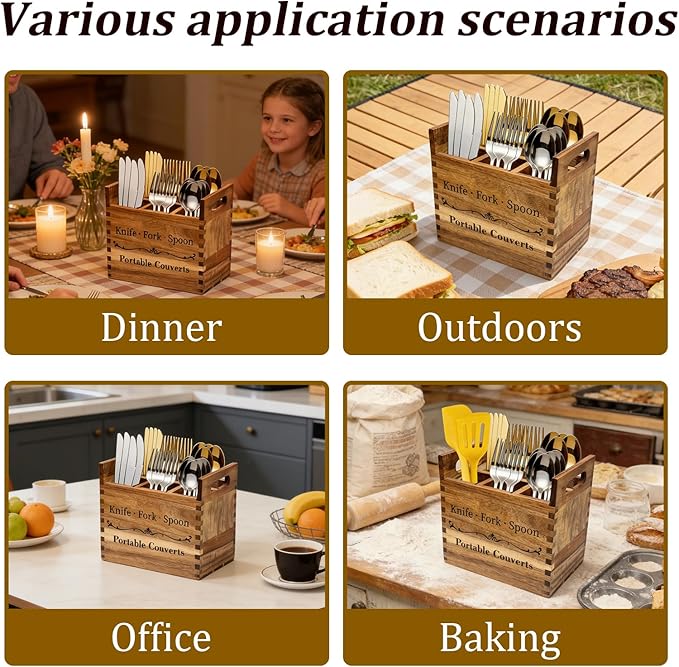 2-in-1 Acacia Wood Kitchen Utensil Holder, Large Farmhouse Countertop Organizer with Warm Aesthetic Removable Silverware Caddy, Rustic Wooden Container for Counter, Dining room & Island