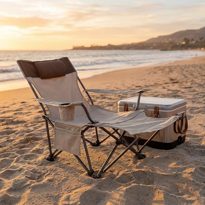 Adjustable Folding Beach Chair, Portable Camping Chair for Adults with Backrest, Reclining Outdoor Chair with Cup Holder & Pocket, Foldable Low Beach Chair for Camping, Picnic, Beige