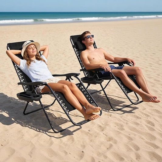 Zero Gravity Chair Set of 2 Oversized Folding Recliner, Padded Anti Gravity Lounge Chair with Adjustable Pillow & Cup Holder for Outdoor Camping, Patio, Poolside, Lawn (Black)