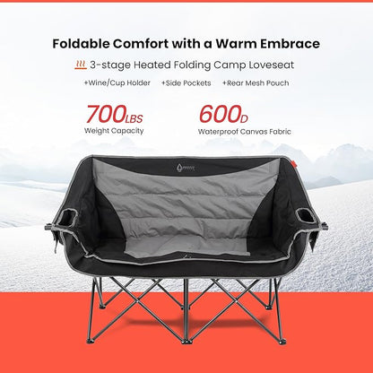 ARROWHEAD OUTDOOR Wide Duo Foldable Heated Camping Loveseat Chair, Black | 57 in, 3-Stage Heating, Large Cup Holders, Glass Holders, Side Pockets, and Storage Pouches, and Grey, Beach, Tailgating