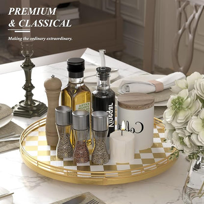 AMH 16-Inch Gold and White Checkerboard Lazy Susan with Rubberwood Base | Smooth rotating oak tray with walnut finish for dining tables, kitchen counters, pantries and cabinet storage.