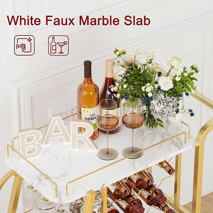 Bar Cart, Gold Bar Carts for The Home, Serving Cart with Wine Glass Holder, 3-Tier Drink Carts with Wheels, Rolling Beverage Trolley for Kitchen, Dining, Living Room (Gold & Marbleized White)