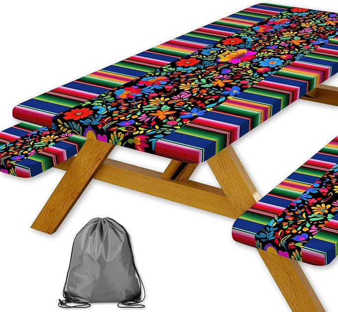 Mexico Picnic Table Cover with Bench Covers and Bag, Camping Essentials, Cinco De Mayo Fiesta Stripes Table Cloth Waterproof Fitted Tablecloth Cover with Elastic Edge for Outdoor 3 PCS 30x60 Inch