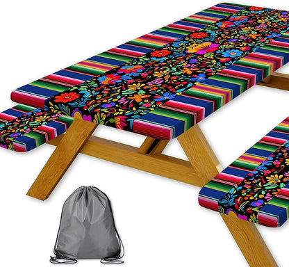 Mexico Picnic Table Cover with Bench Covers and Bag, Camping Essentials, Cinco De Mayo Fiesta Stripes Table Cloth Waterproof Fitted Tablecloth Cover with Elastic Edge for Outdoor 3 PCS 30x96 Inch