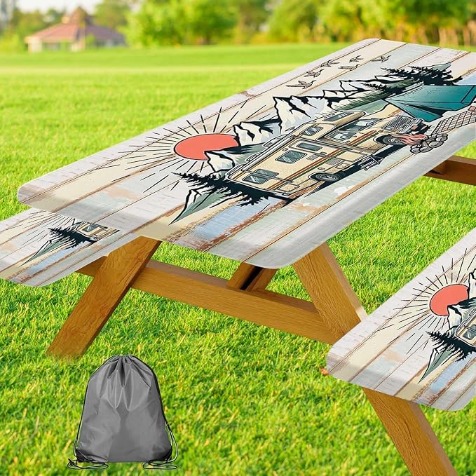 JAWO Picnic Table Cover with Bench Covers Camper RV Camping Essentials, Oil-Proof Waterproof 3PCS Tablecloth with Elastic, Fitted for Table Rectangle and Seats, Board Beach 30X72inch