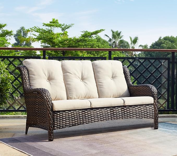 Rilyson Outdoor Patio Wicker Sofa, 900Lbs Weight Capacity Large 3 Seater Wicker Patio Couch with 4in Seat Cushions and Deep Seating, All Weather for Backyard, Garden, Poolside (Brown/Beige)