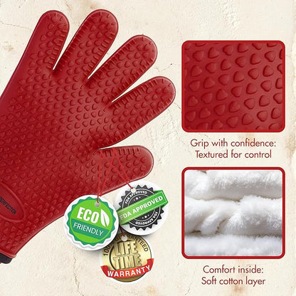 KITCHEN PERFECTION Silicone Oven & Griddle Gloves -Extreme Heat Resistant BBQ & Grilling Gloves -Handle Hot Food Right on Your Griddle |Waterproof Oven Mitts Grill Gloves |Superior Set+3 Bonuses