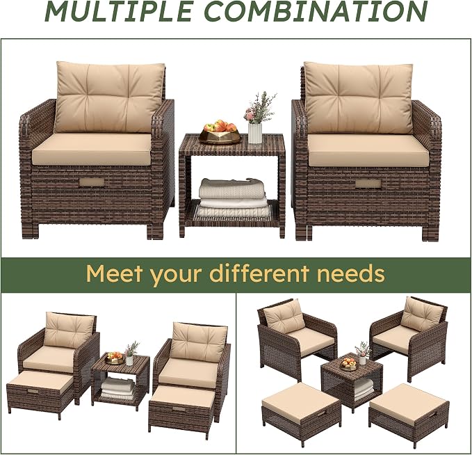 5 Piece Patio Furniture Set, PE Wicker Outdoor Furniture Set with Soft Cushions & Coffee Table, Outdoor Lounge Chairs with Ottoman for Porch, Lawn, Balcony, Khaki-Beige