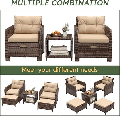 5 Piece Patio Furniture Set, PE Wicker Outdoor Furniture Set with Soft Cushions & Coffee Table, Outdoor Lounge Chairs with Ottoman for Porch, Lawn, Balcony, Khaki-Beige