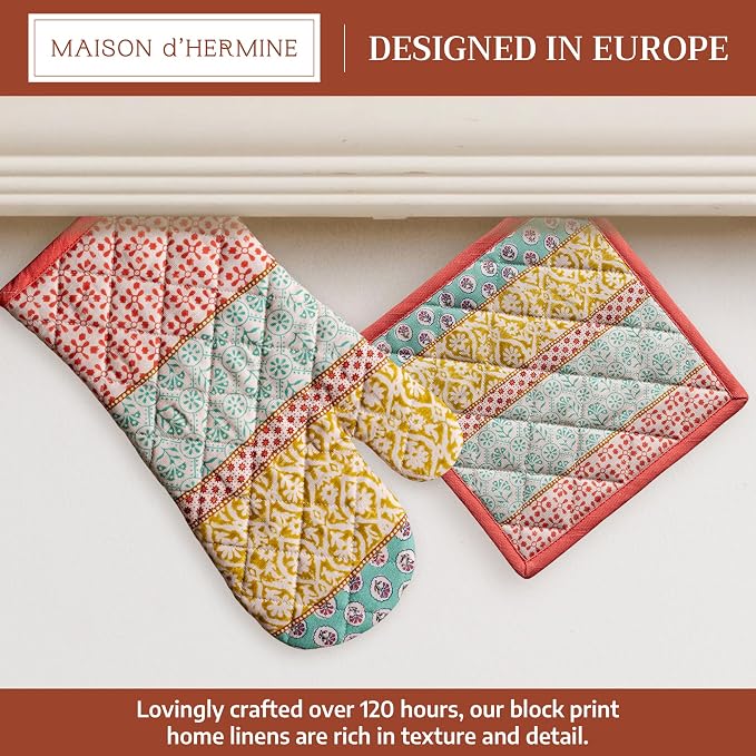 Maison d' Hermine 100% Cotton Oven Mitt & Pot Holder Set (7.5"x13" & 8"x8") | Heat Resistant BBQ Cooking Gloves with Loop Baking Grilling Kitchen Hotel Home Farmhouse Spring Summer - Provence