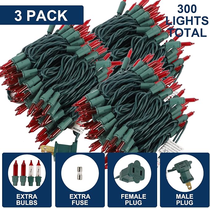 3 Pack Red Valentines String Lights, 100 Count Each, Incandescent Mini Christmas Lights, Connectable Xmas Tree Light for Indoor Outdoor Garland Birthday Holiday Wedding Festival Party