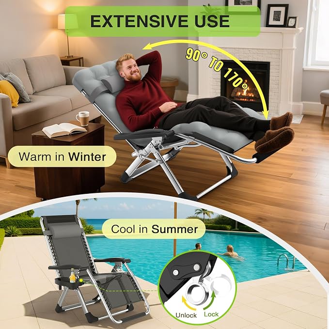 Suteck Zero Gravity Chairs Set of 2, Reclining Camping Chair with Cushion | Anti Gravity Recliner Lounge Chair with Aluminum Alloy Lock & Cup Holder, 90-170° Adjustable, for Lawn Patio Indoor