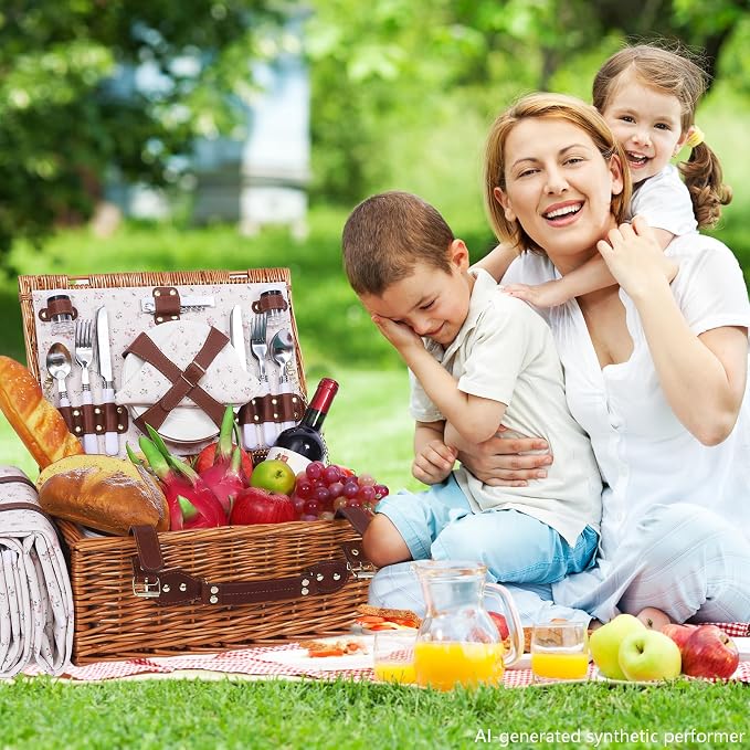 Wicker Picnic Basket Set for 4, Blanket, Cooler Bag, Classic Floral | Four-Person Wicker Set Includes Tableware, Insulated Food Storage and Waterproof Blanket for Parks, Camping, Dates and Gifts