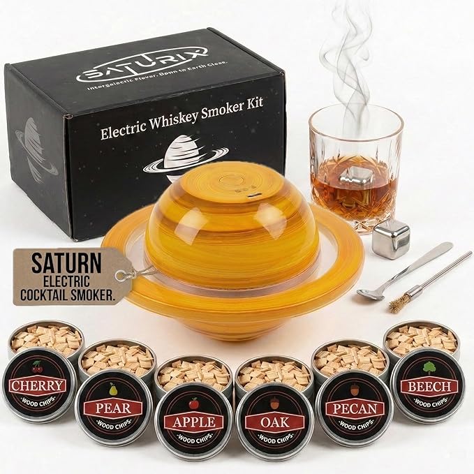 Electric Cocktail Smoker Kit - Rechargeable Whiskey Smoker with 6 Wood Chip Flavors, Flame-Free, USB-C Charging, Old Fashioned & Bourbon Gift Set for Men, Husbands & Dads