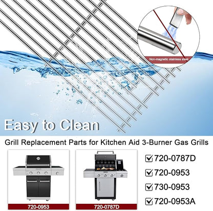Hiorucet Grill Grates Parts for Kitchenaid Grill 720-0787D, 720-0953, 730-0953, 720-0953A, Stainless Steel Cooking Grids Grates, Heat Plates, Burners Tubes for Kitchen Aid 3-Burner Replacement Parts.
