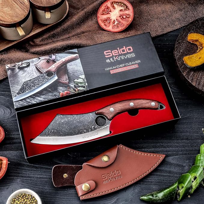 Seido Knives Hakai Chef Cleaver Knife | High Carbon Stainless Steel Meat Cleaver for Kitchen, Camping & BBQ | Japanese-Style Butcher Knife with Ergonomic Rosewood Handle & Leather Sheath
