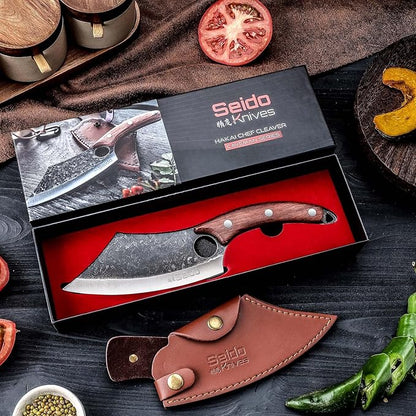 Seido Knives Hakai Chef Cleaver Knife | High Carbon Stainless Steel Meat Cleaver for Kitchen, Camping & BBQ | Japanese-Style Butcher Knife with Ergonomic Rosewood Handle & Leather Sheath