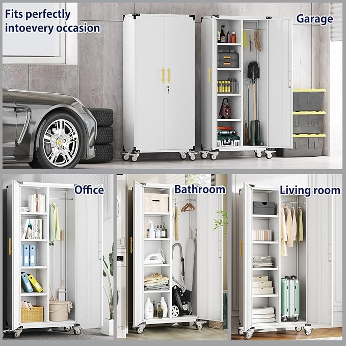 erosoei 71" Broom Storage Cabinet, Cleaning Tool Storage Cabinet, Garage Utility Storage with Hooks and Hanging Rods, Heavy Duty Garden Tool Organizer, for Home, Garage, Laundry Room, Gym, Workshop