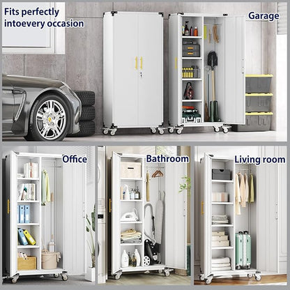 erosoei 71" Broom Storage Cabinet, Cleaning Tool Storage Cabinet, Garage Utility Storage with Hooks and Hanging Rods, Heavy Duty Garden Tool Organizer, for Home, Garage, Laundry Room, Gym, Workshop