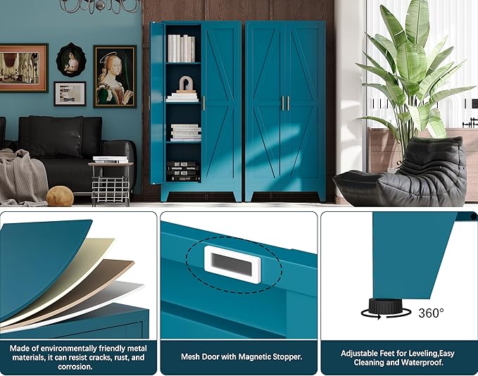 61" H Blue Free Standing Pantry Cabinet with Doors,Stand Alone Kitchen Pantry Cabinet,Farmhouse Food Storage Cabinets,Tall and Large Pantry Cabinets for Kitchen, Dining Room, Living Room