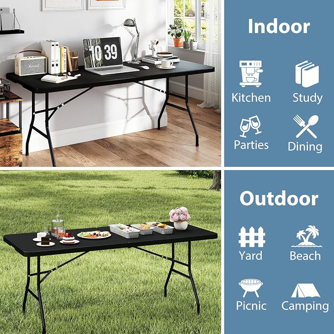 Giantex Folding Picnic Table, 6FT Portable Foldable Tables for Party BBQ, Metal Legs, HDPE, Outdoor Indoor Camping Table with Handle, No Assembly (Black)