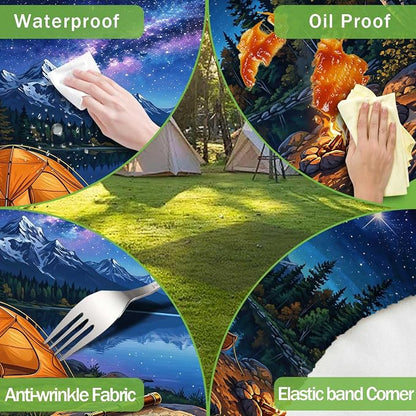 JAWO Starry Night Mountain Lake Tent Camping RV Camper Picnic Table Cover with Bench Covers, Camper RV Essentials Gear Supplies Outdoor Waterproof Windproof Tablecloth with Elastic, 30X72in