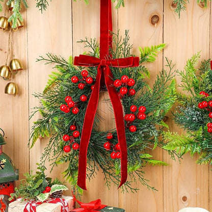 Suncalla 4 Pcs 11 Inch Mini Christmas Cabinet Wreath for Kitchen Christmas Berry Hanging Cabinet Wreath Decor with Red Bow Artificial Pine Candle Ring for Xmas Door Fireplaces Table Centerpiece
