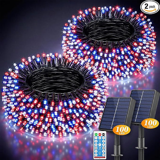 LitHome 2 Pack 4th of July Solar String Lights Outdoor Waterproof | Total 200LED 66FT Solar Powered Red White and Blue String Lights, 8 Modes Patriotic Light for Independence Day Party Decor