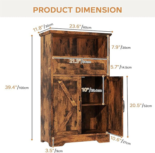 Floor Cabinet, Farmhouse Storage Cabinet with Barn Doors and Drawer, Freestanding Adjustable Shelf Organizer for Bathroom, Kitchen, Living Room Rustic Brown