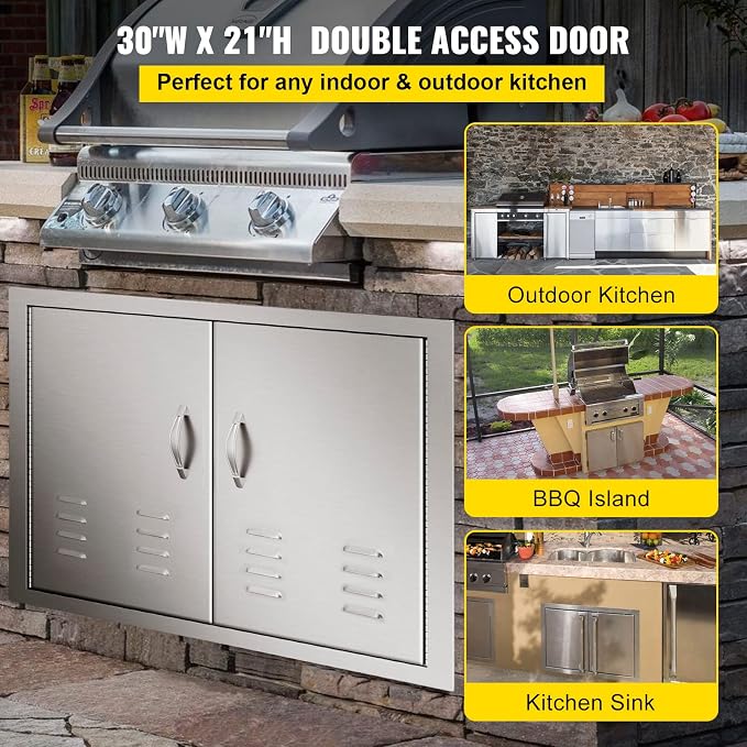 Bull Outdoor Products 26039 Natural Gas Outlaw Drop-In Grill Head & Mophorn Outdoor Kitchen Doors, 30W x 21H Inch, 304 Stainless Steel Double Doors with Vents, BBQ Access Door
