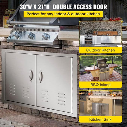 Bull Outdoor Products 26039 Natural Gas Outlaw Drop-In Grill Head & Mophorn Outdoor Kitchen Doors, 30W x 21H Inch, 304 Stainless Steel Double Doors with Vents, BBQ Access Door