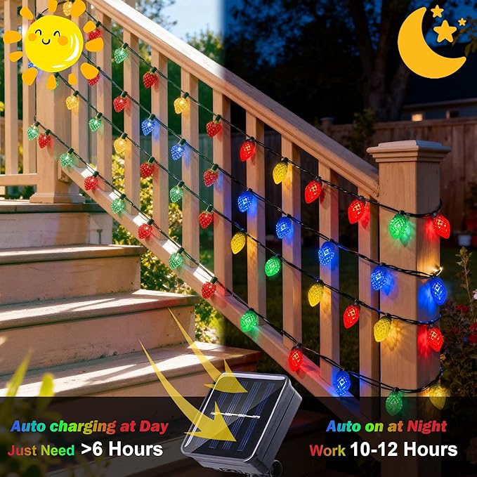 C7 Strawberry Solar String Lights, 31FT 50 LED Ultra Bright Multicolor IP65 Waterproof 8 Modes Green Wire Fairy Lights Auto On/Off for Outdoor Garden Patio Christmas Wedding Party Decor