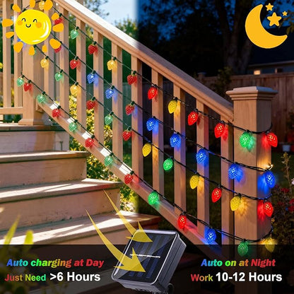 C7 Strawberry Solar String Lights, 31FT 50 LED Ultra Bright Multicolor IP65 Waterproof 8 Modes Green Wire Fairy Lights Auto On/Off for Outdoor Garden Patio Christmas Wedding Party Decor